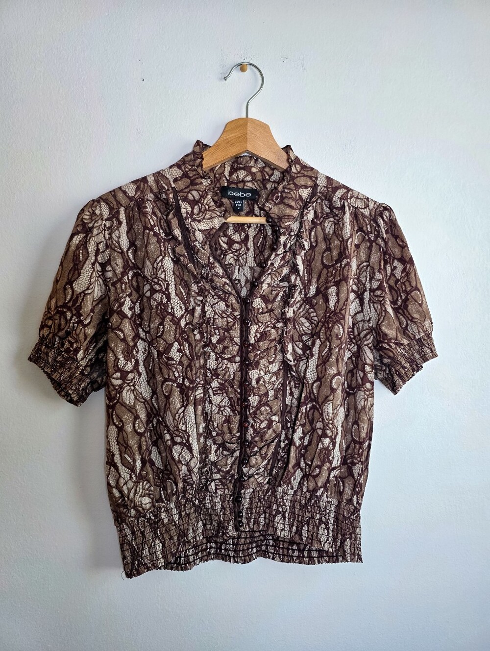 Vintage Y2K Bebe Silk Faux Lace Print Blouse